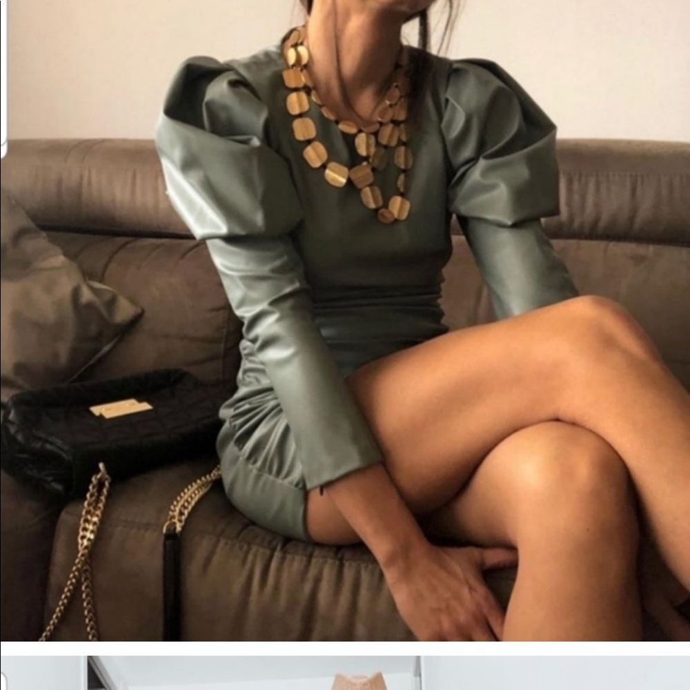 Zara Faux Leather Polyurethane Grey Ruched Dress